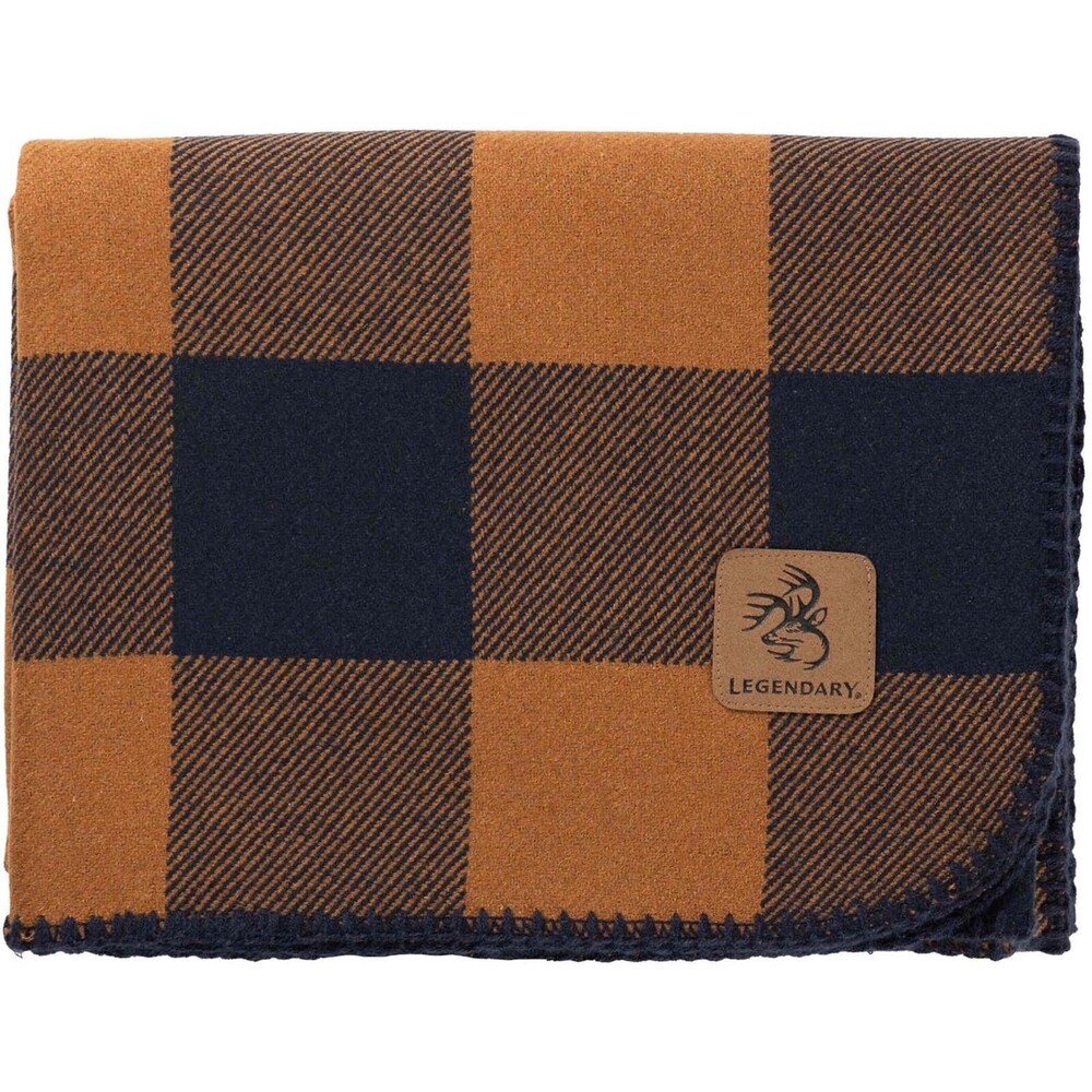 Legendary Whitetails Cabin Wool Throw Blanket Golden Night Plaid Blue Yellow NEW